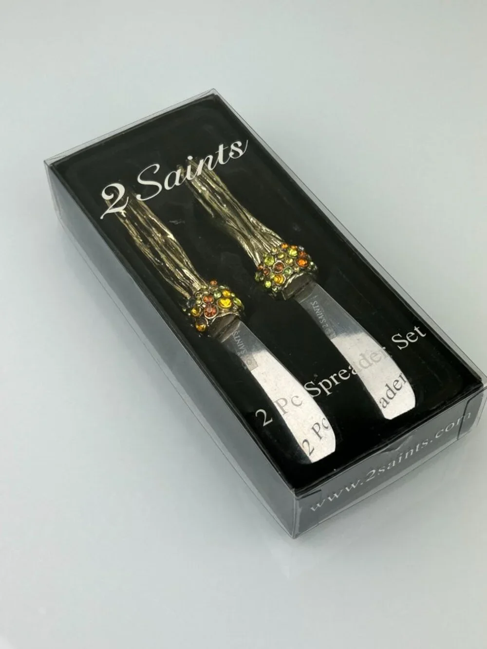 2 Saints Butter Cheese Spreader Knife Set Rhinestone Wood Bark Fall Metal READ